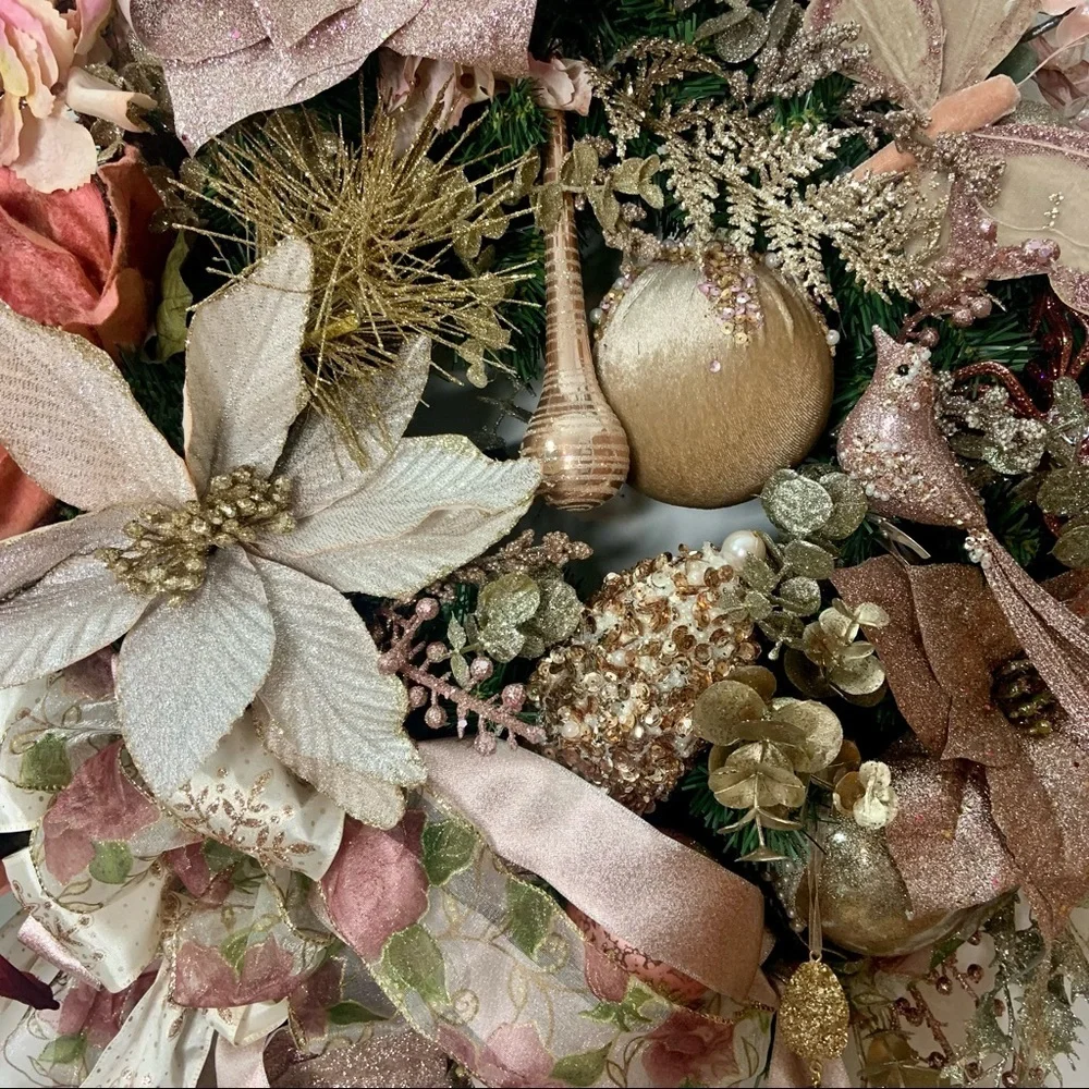 Rose Gold Blush Christmas Poinsettias Door Wall Wreath Romantic Victorian Wreath